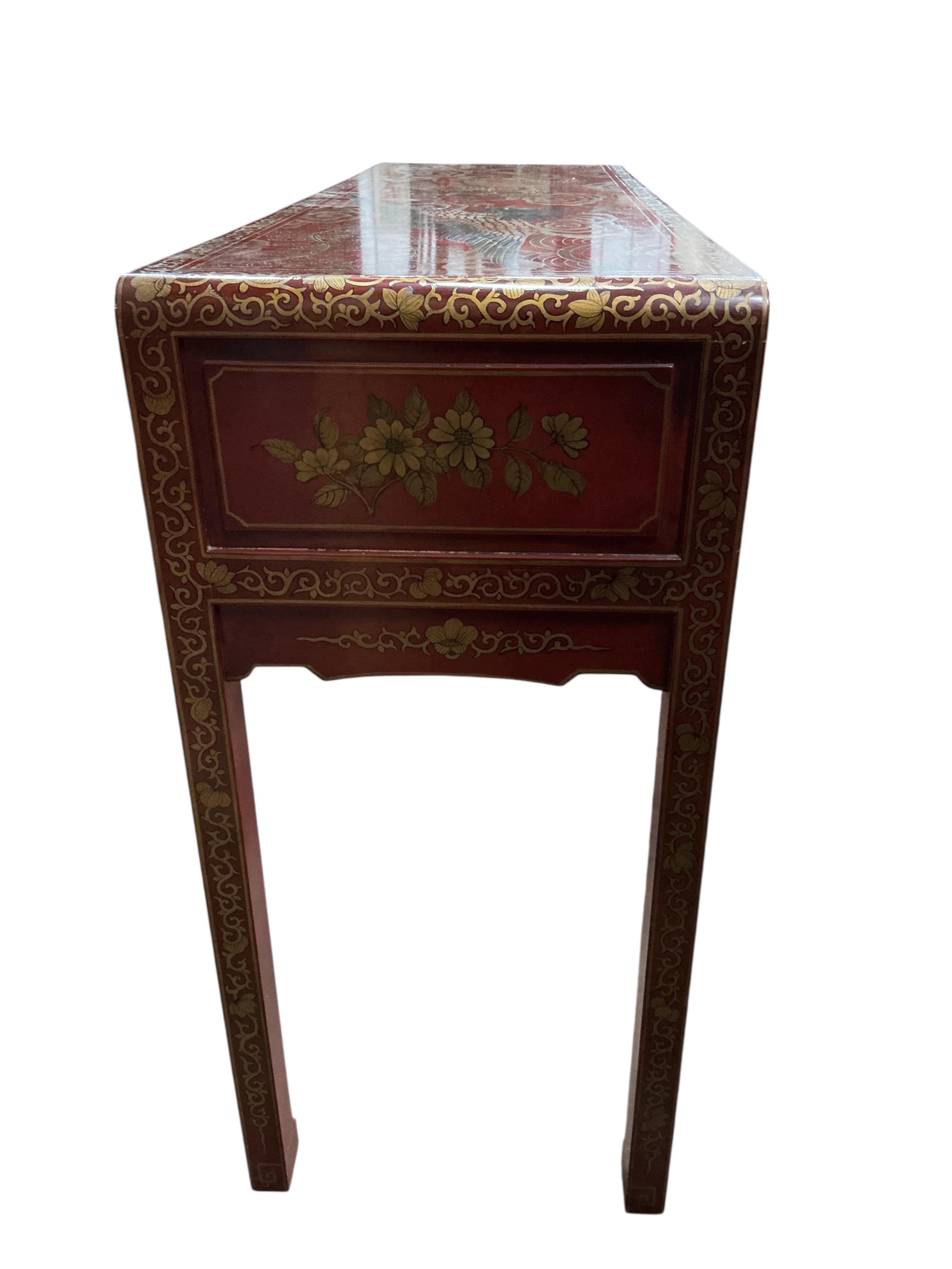 A Chinese scarlet lacquer altar table, width 138cm, depth 43cm, height 92cm